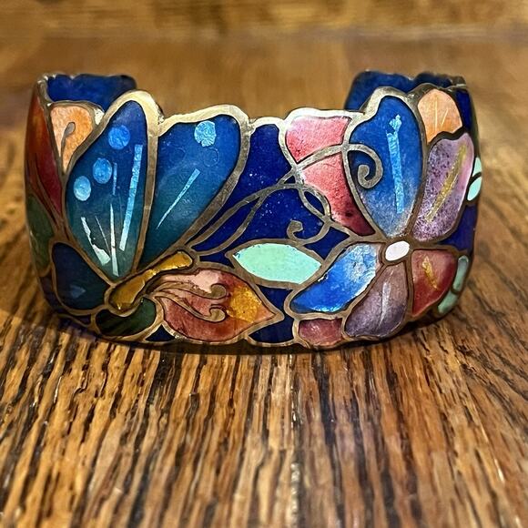 Vintage Signed David Kuo Champleve Enamel Cuff Bracelet Cloisonné Butterfly - Picture 9 of 16